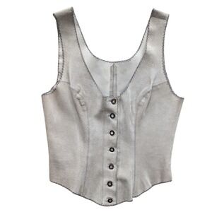 Vintage Sage Suede Crochet Womens Bustier‎ Vest Top Button Front Cropped Boho